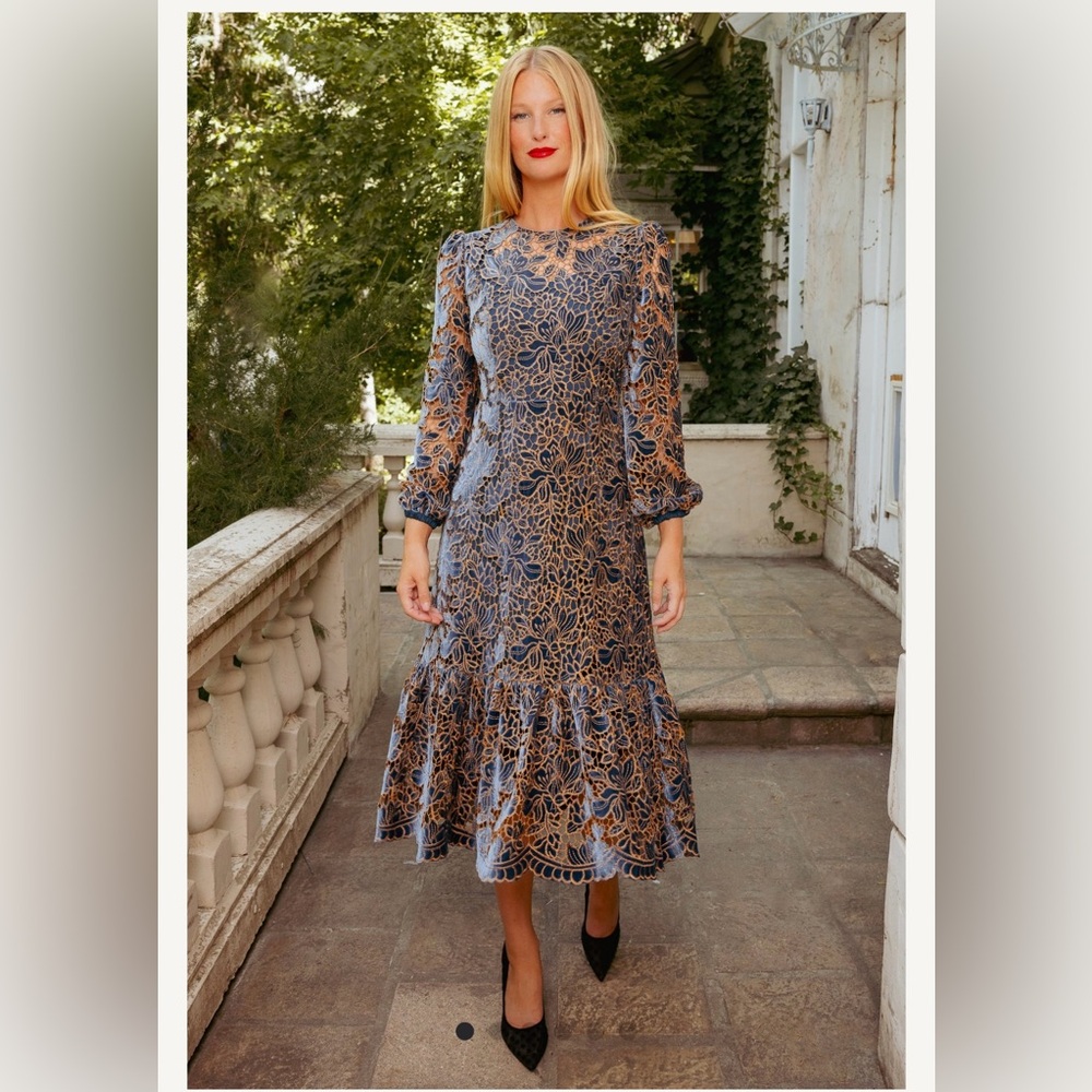 Ivy City Co Blue and Tan Lace Long Sleeve Dress